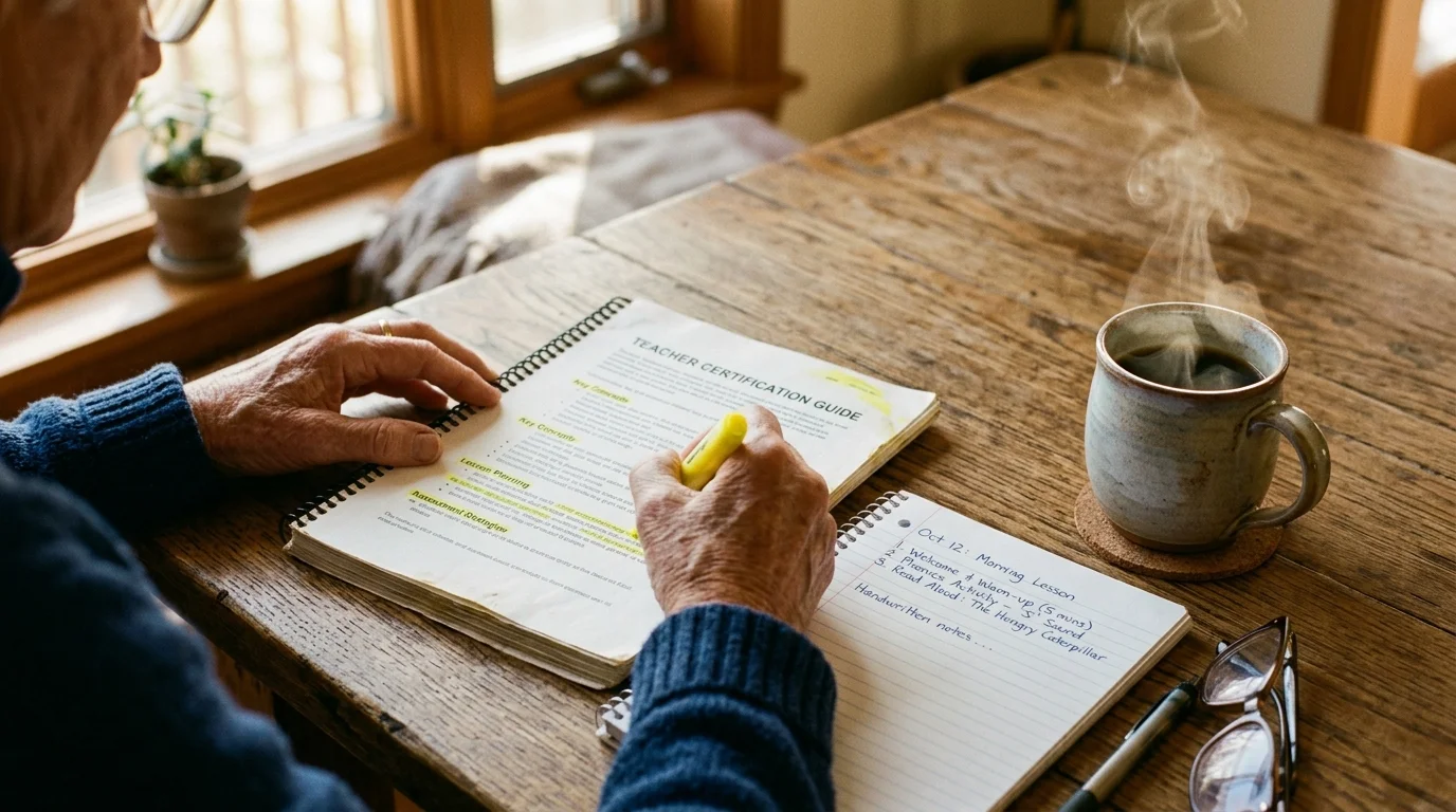 A close-up film photo of an older person's hands highlighting a teacher certification guide at a sunny wooden kitchen table.