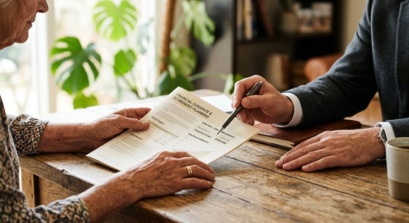 A close-up of a retired individual and an advisor reviewing financial papers together at a warm wooden table.