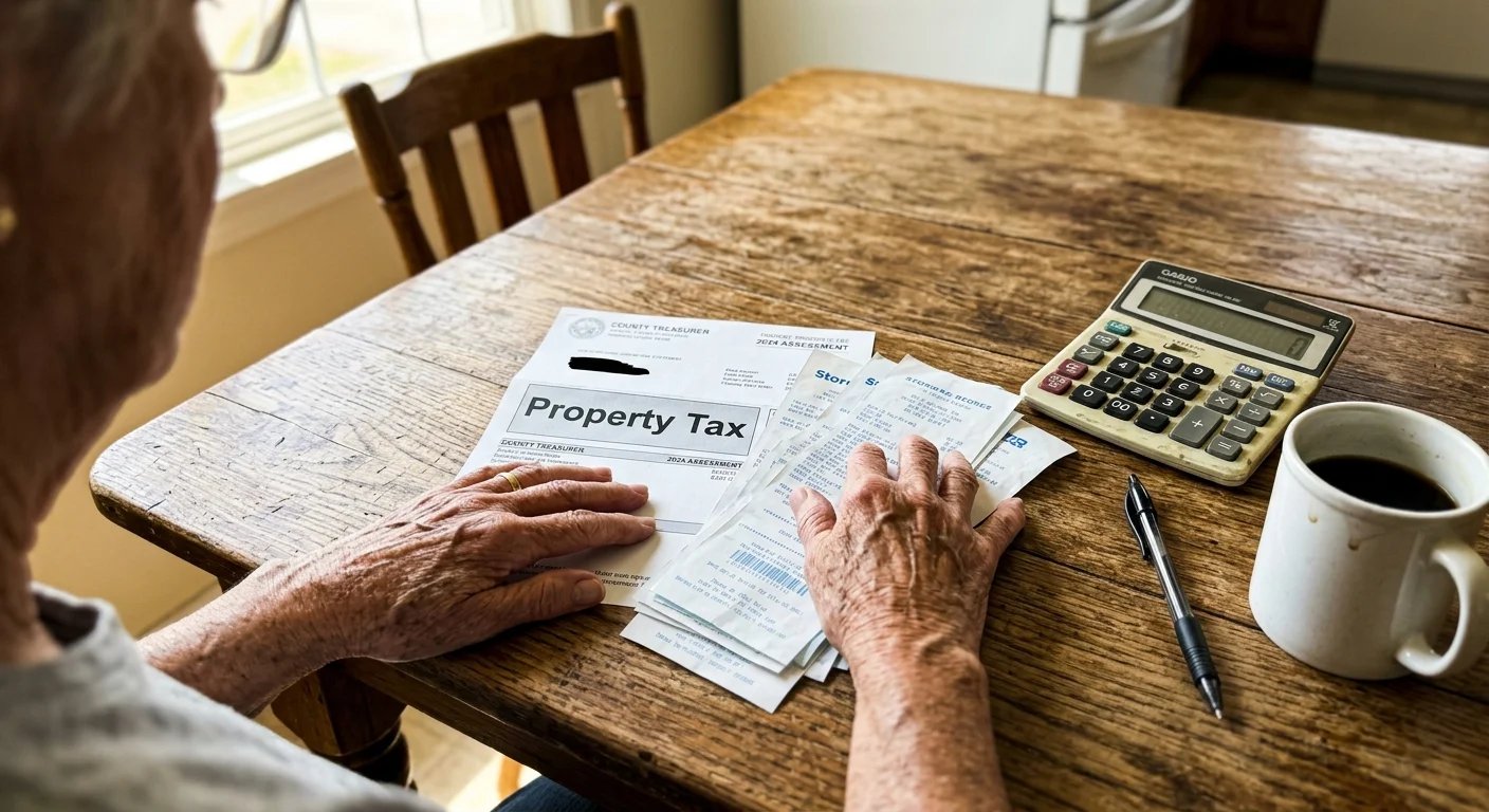 A close-up of a retiree's hands organizing a property tax bill and receipts on a wooden kitchen table.
