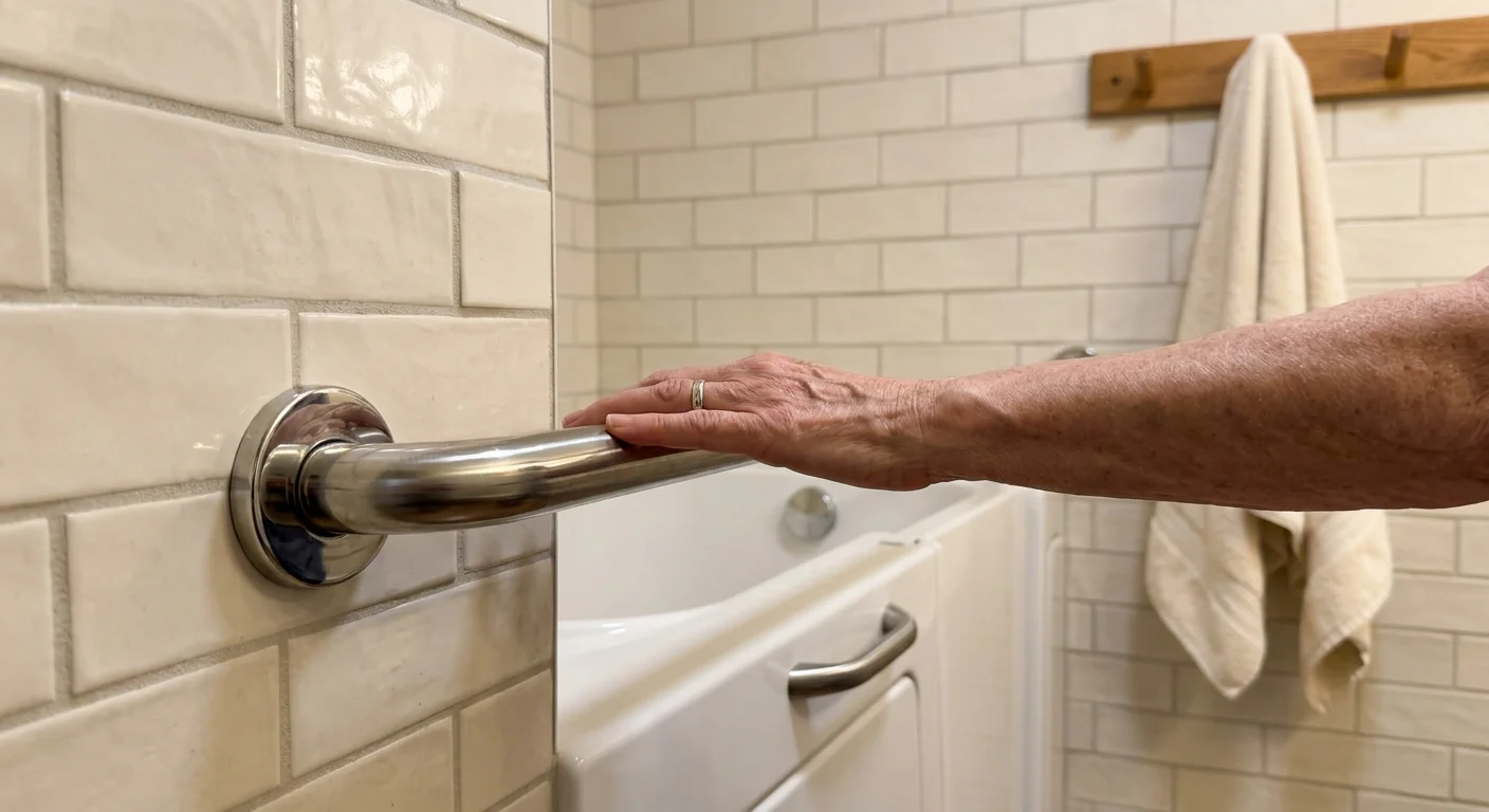 A close-up of a senior's hand on a grab bar next to a walk-in tub, highlighting home medical safety modifications.
