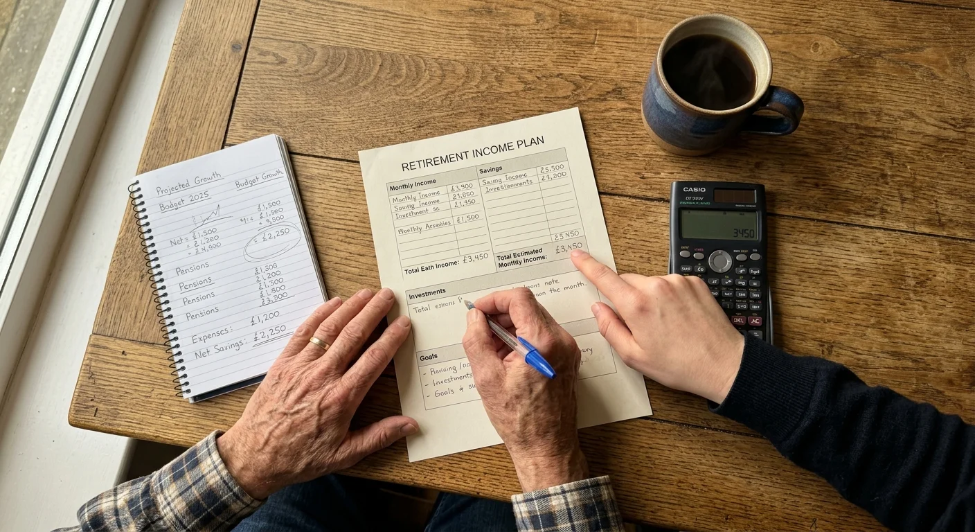 A close-up of hands reviewing a 'Retirement Income Plan' document next to a calculator and a cup of coffee on a wooden table.