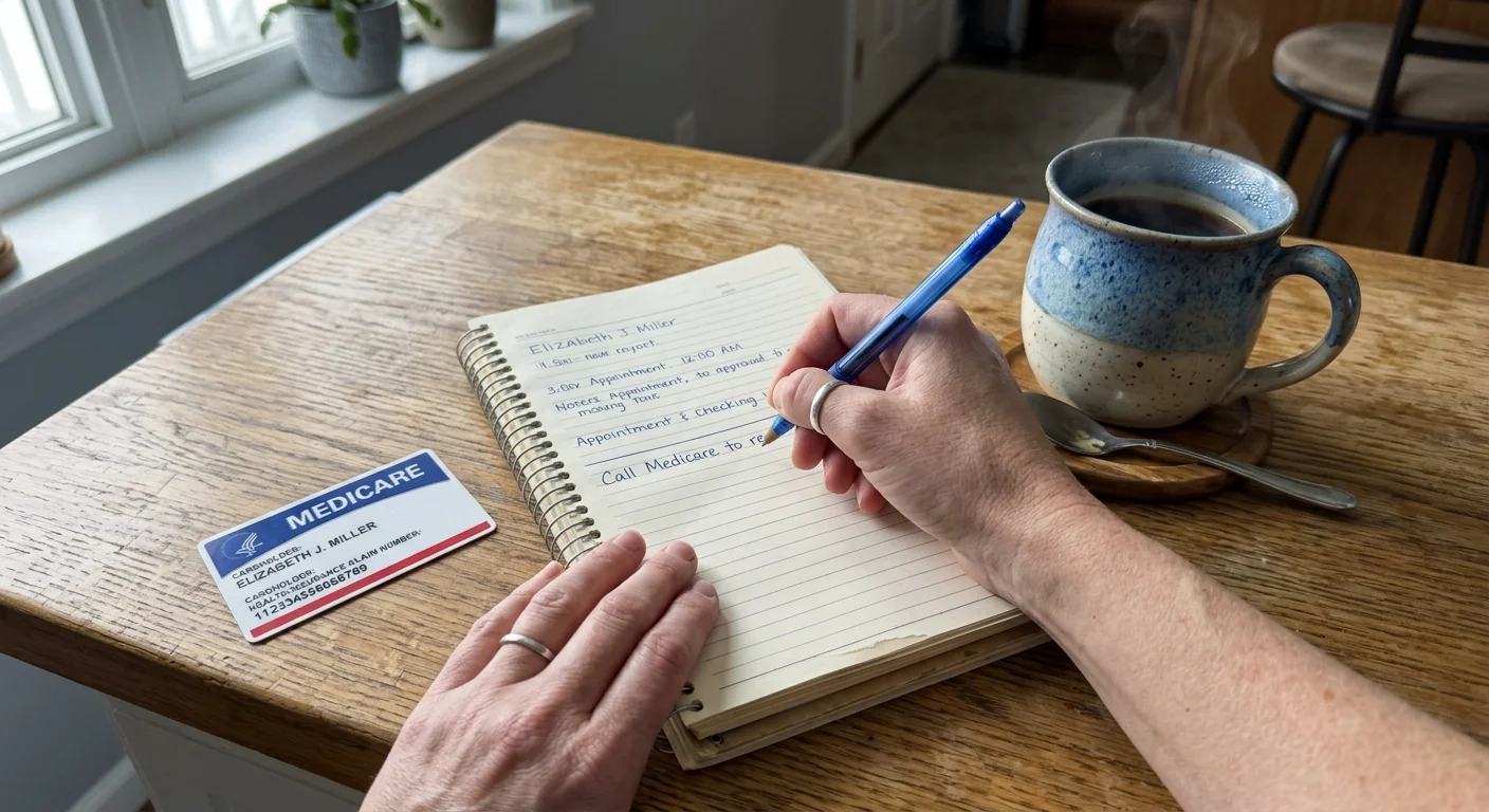 A close-up photo of a Medicare card lying next to a personal planner and a pen on a wooden kitchen counter.