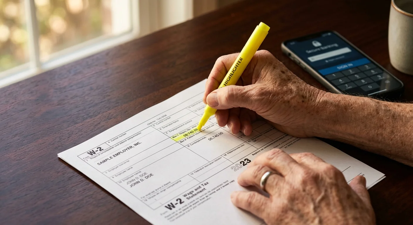 A close-up photo of a senior's hands highlighting details on a paper Form W-2 tax document under warm light.