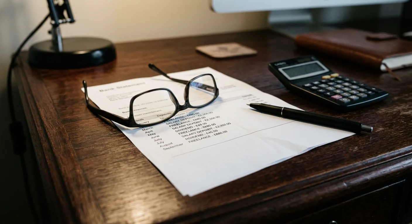 A close-up photo of reading glasses, a pen, and a bank statement on a dark wooden desk under soft lamp light.