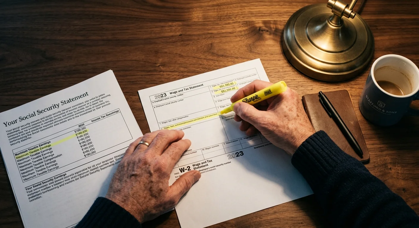 A close-up photograph of a person's hands highlighting a W-2 form next to a printed Social Security statement on a wooden desk.