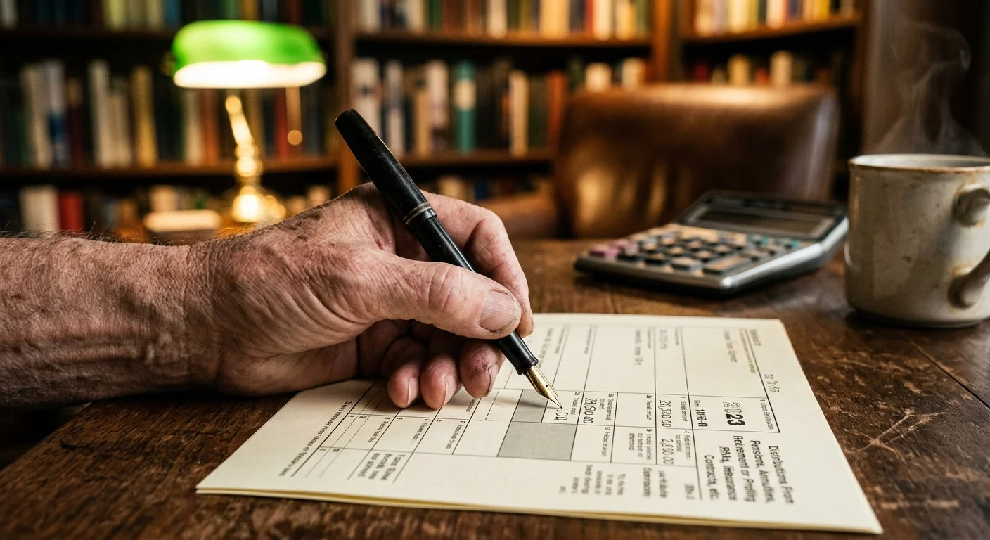 A close-up photograph of a retiree's hand filling out a 1099-R tax form on a dark walnut desk under a warm lamp.