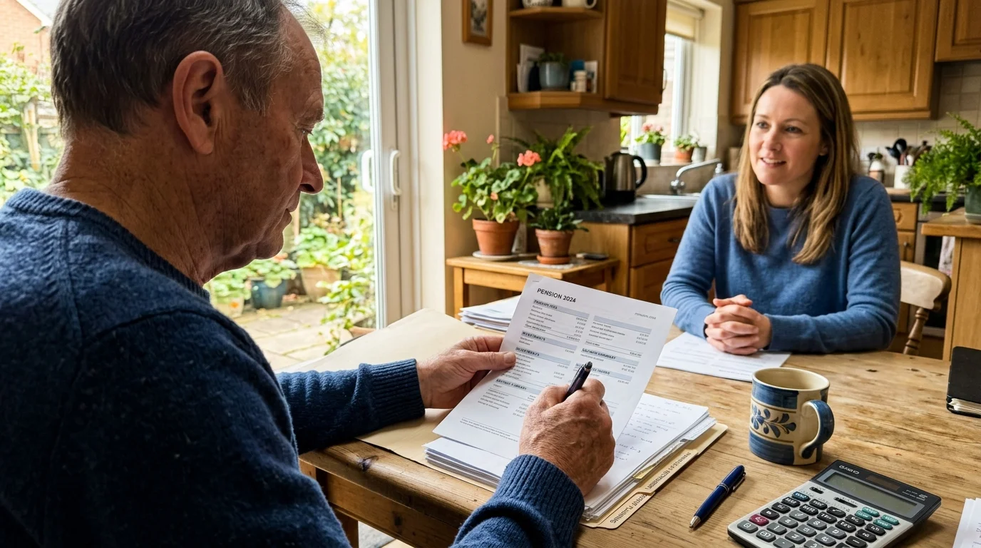 A close-up photograph of a senior reviewing financial files at home during a calm planning session.