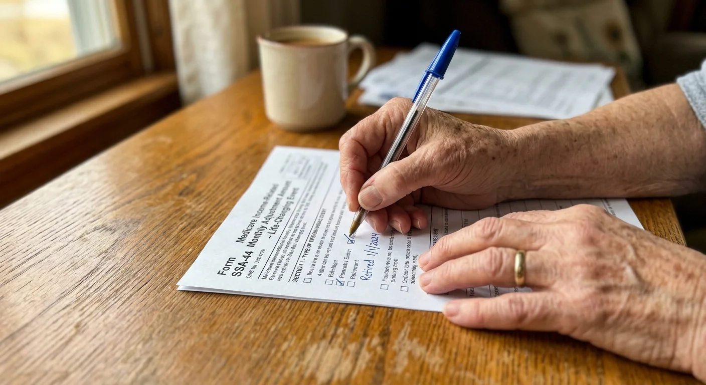 A close-up photograph of a senior's hands filling out the official Form SSA-44 on a wooden desk.
