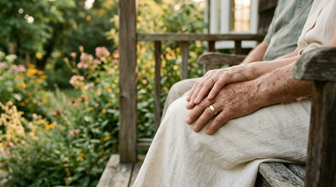 A close-up photograph of an older couple's hands gently clasped together, sitting on a sunlit porch.
