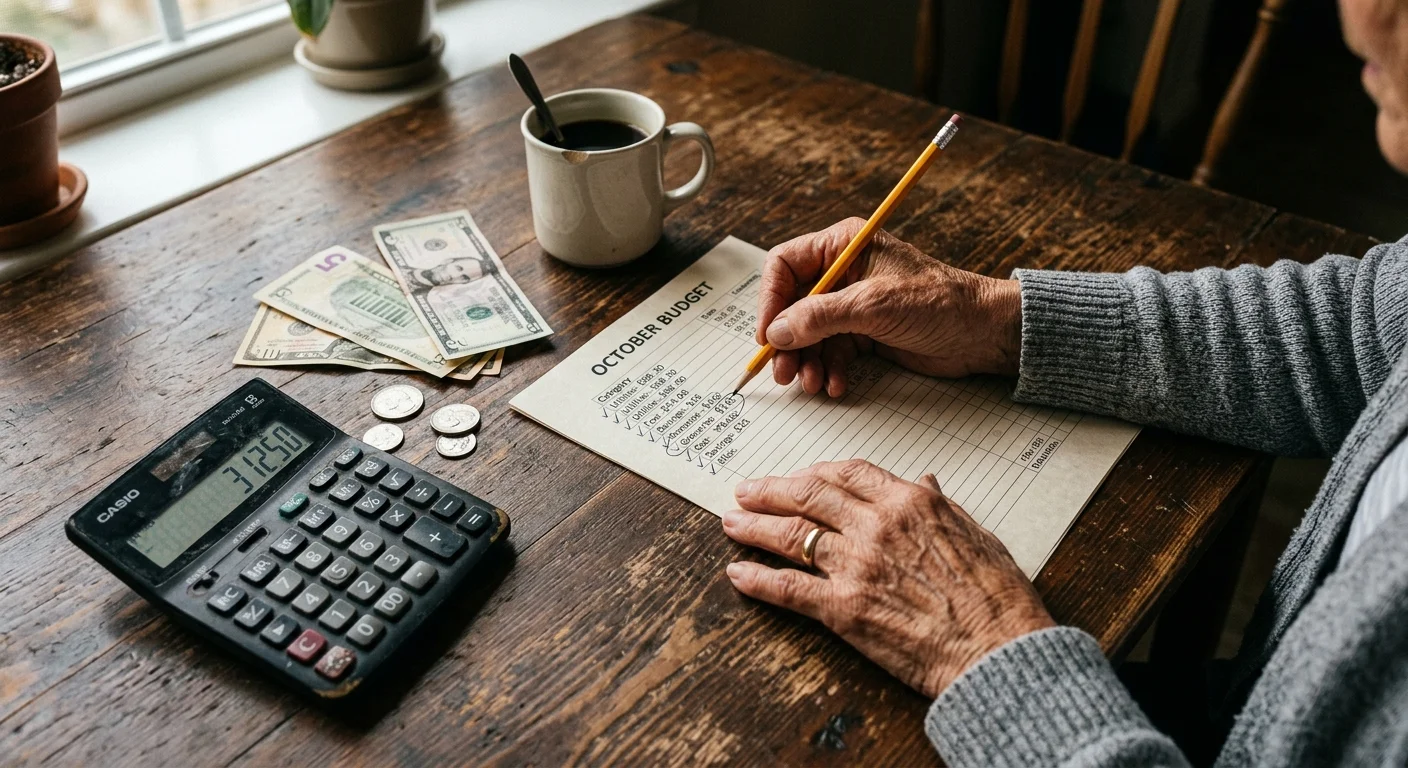 A close-up photograph of an older woman's hands budget planning with a pencil and calculator on a wooden table.