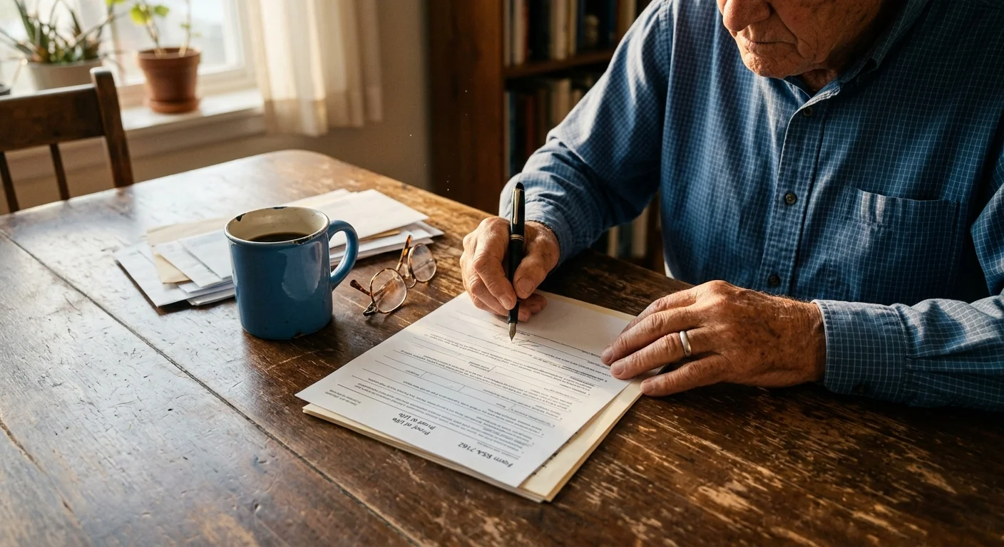 A close-up shot of a retiree's hands signing the official Form SSA-7162 at a sunlit dining table.