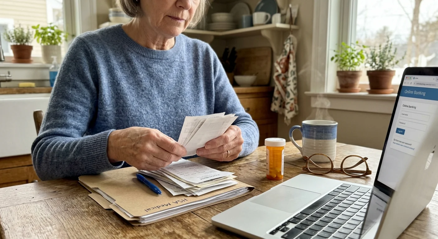 A close-up snapshot of a retiree sorting medical receipts at a wooden kitchen table next to a laptop and coffee mug.