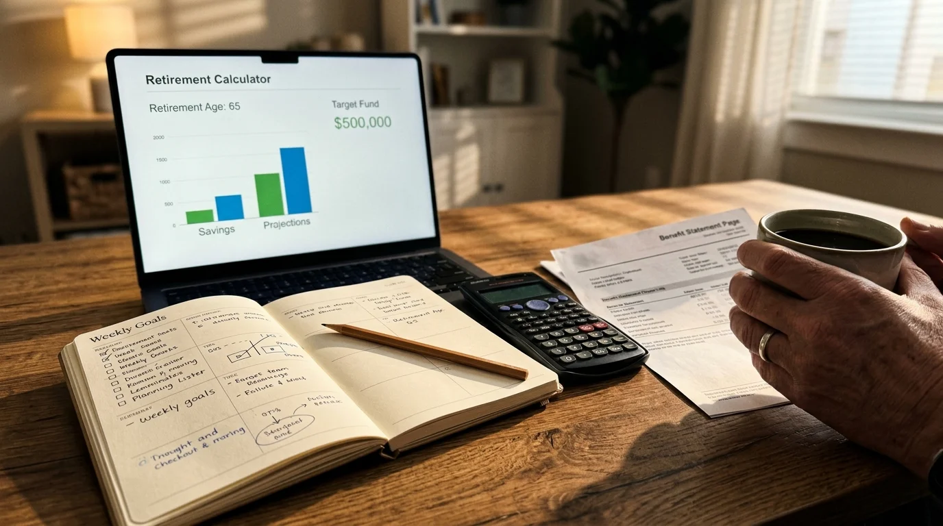 A close-up view of a home office desk with a calculator, paper files, and a laptop showing retirement planning charts.