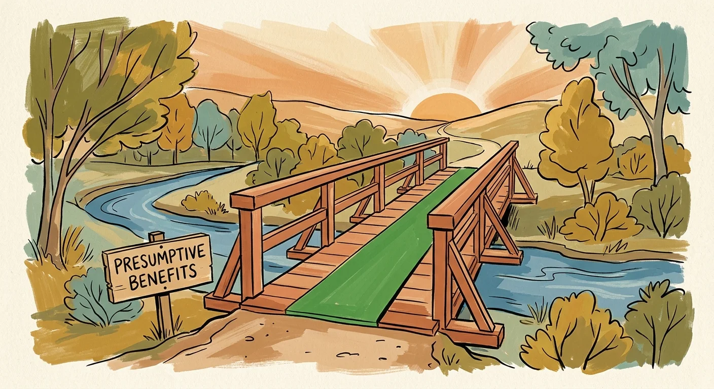 A colorful gouache illustration of a wooden bridge with a green path and a sign pointing toward Presumptive Benefits.