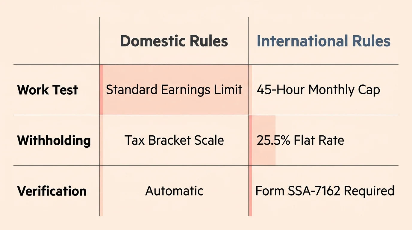 A comparative grid showing key differences between domestic and international Social Security rules.