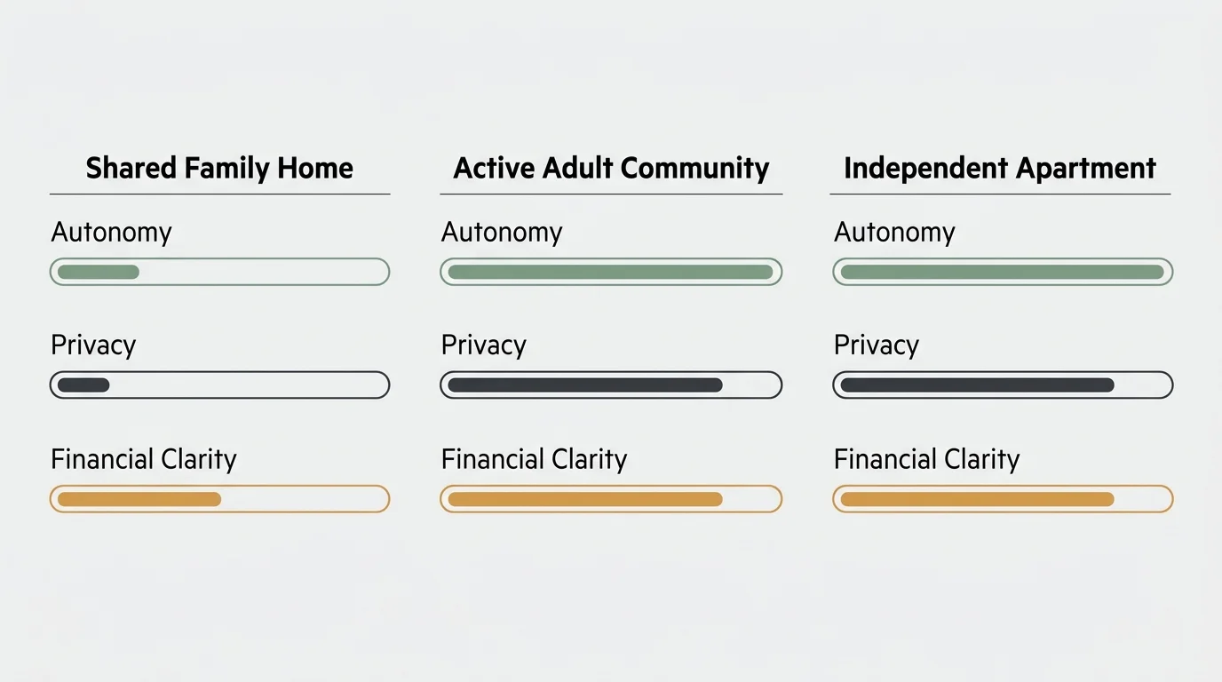 A comparison diagram evaluating shared living, active adult communities, and independent apartments across key lifestyle metrics.