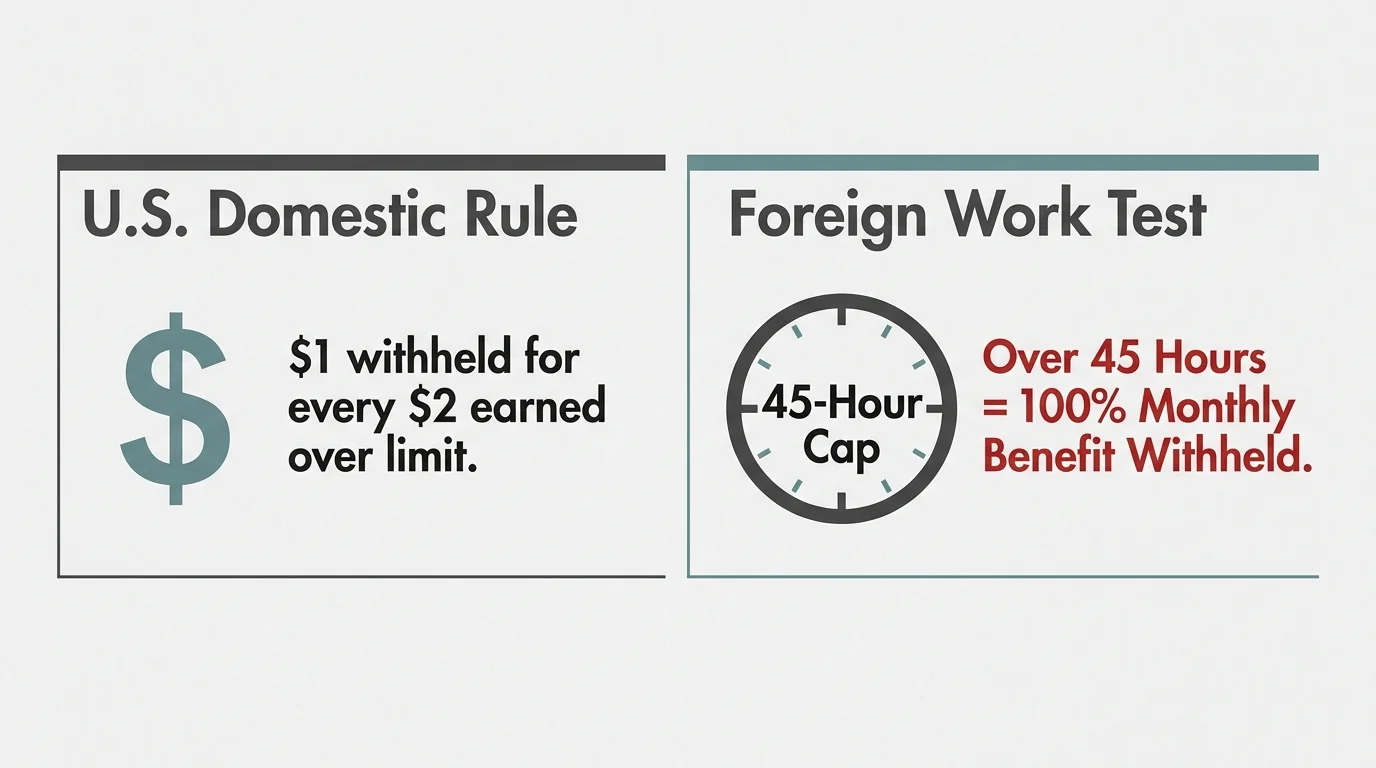 A comparison diagram showing the U.S. Domestic earnings limit rule versus the strict 45-hour Foreign Work Test limit.