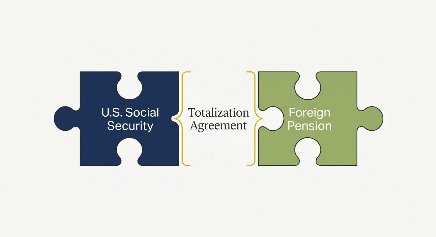 A conceptual diagram showing U.S. Social Security and Foreign Pension systems locking together via a Totalization Agreement.