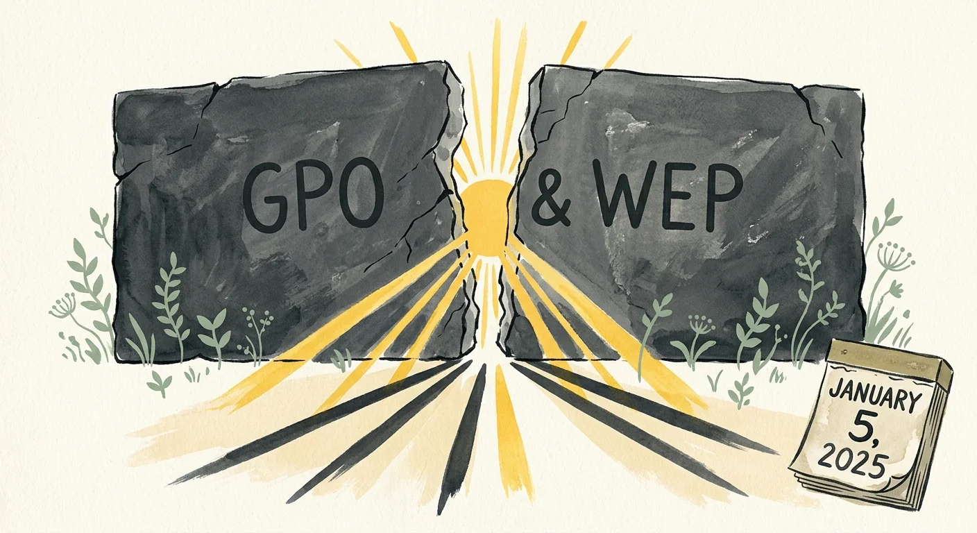 A conceptual gouache illustration of a stone wall labeled 'GPO & WEP' cracking open to let bright sunlight through, next to a calendar page