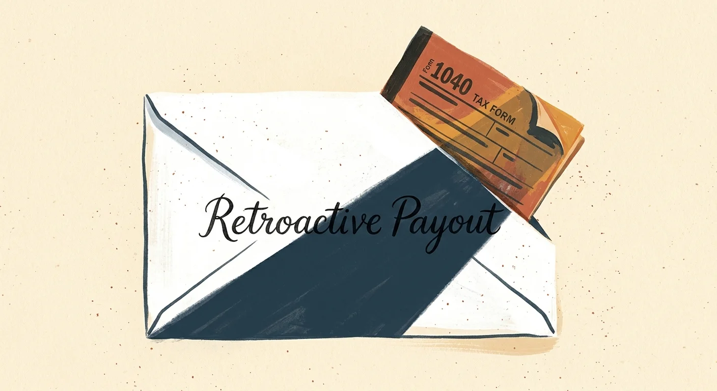 A conceptual gouache illustration of an envelope labeled 'Retroactive Payout' with a diagonal shadow slicing across it, revealing a tax form