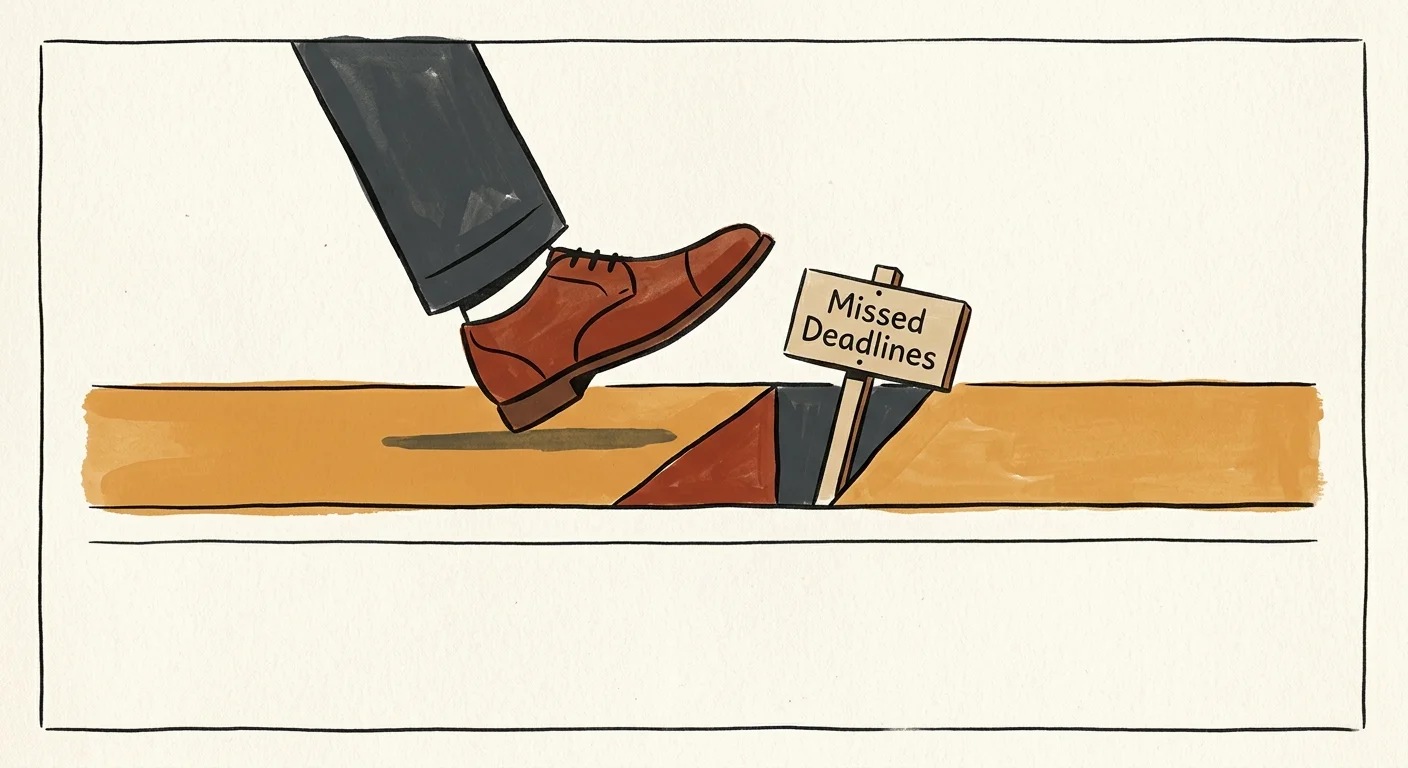 A conceptual illustration of a foot stepping over a gap in a path, where a small signpost reads 'Missed Deadlines'.