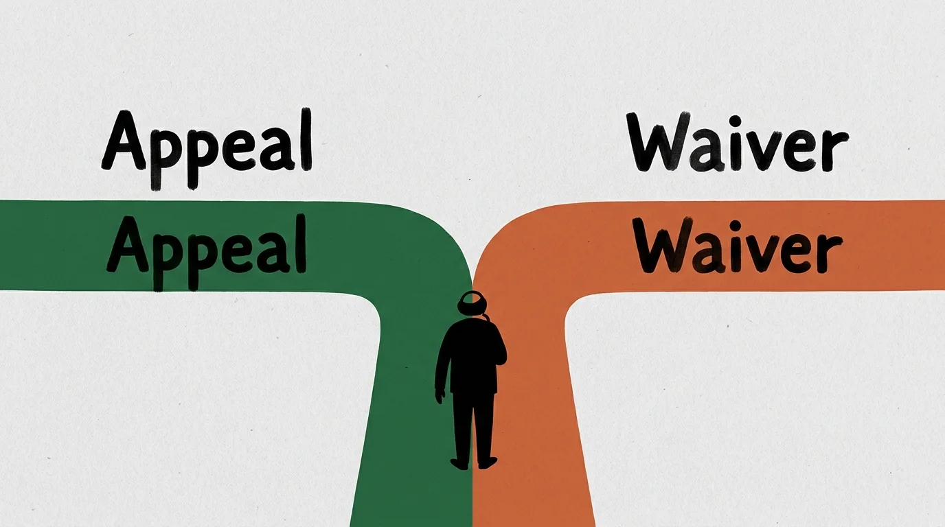 A conceptual illustration of a person choosing between two paths labeled Appeal and Waiver.