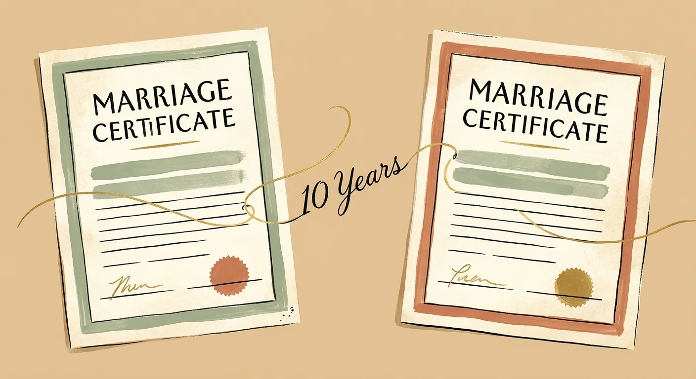 A conceptual illustration of two vintage documents joined by a golden thread labeled '10 Years'.