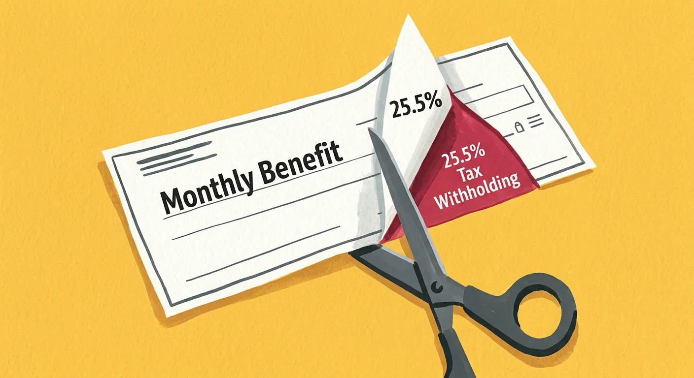 A conceptual illustration showing a retirement check with a 25.5% slice being folded back to represent tax withholding.