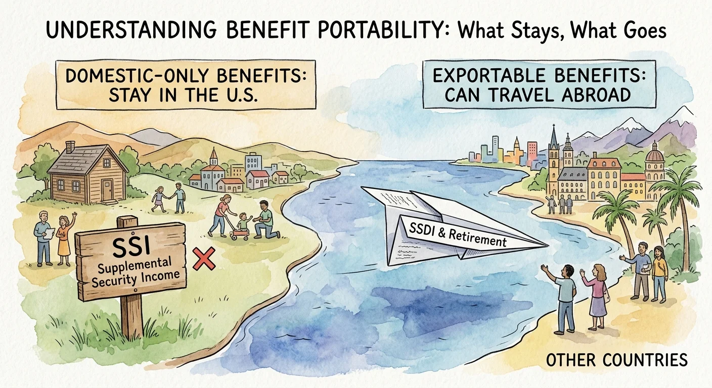 A conceptual watercolor illustration showing SSI benefits staying within the U.S. border while SSDI and Retirement benefits travel overseas.