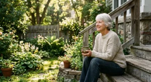 A content retired woman sits on her porch with a mug of coffee, enjoying a quiet morning in her garden.