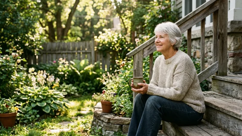 A content retired woman sits on her porch with a mug of coffee, enjoying a quiet morning in her garden.