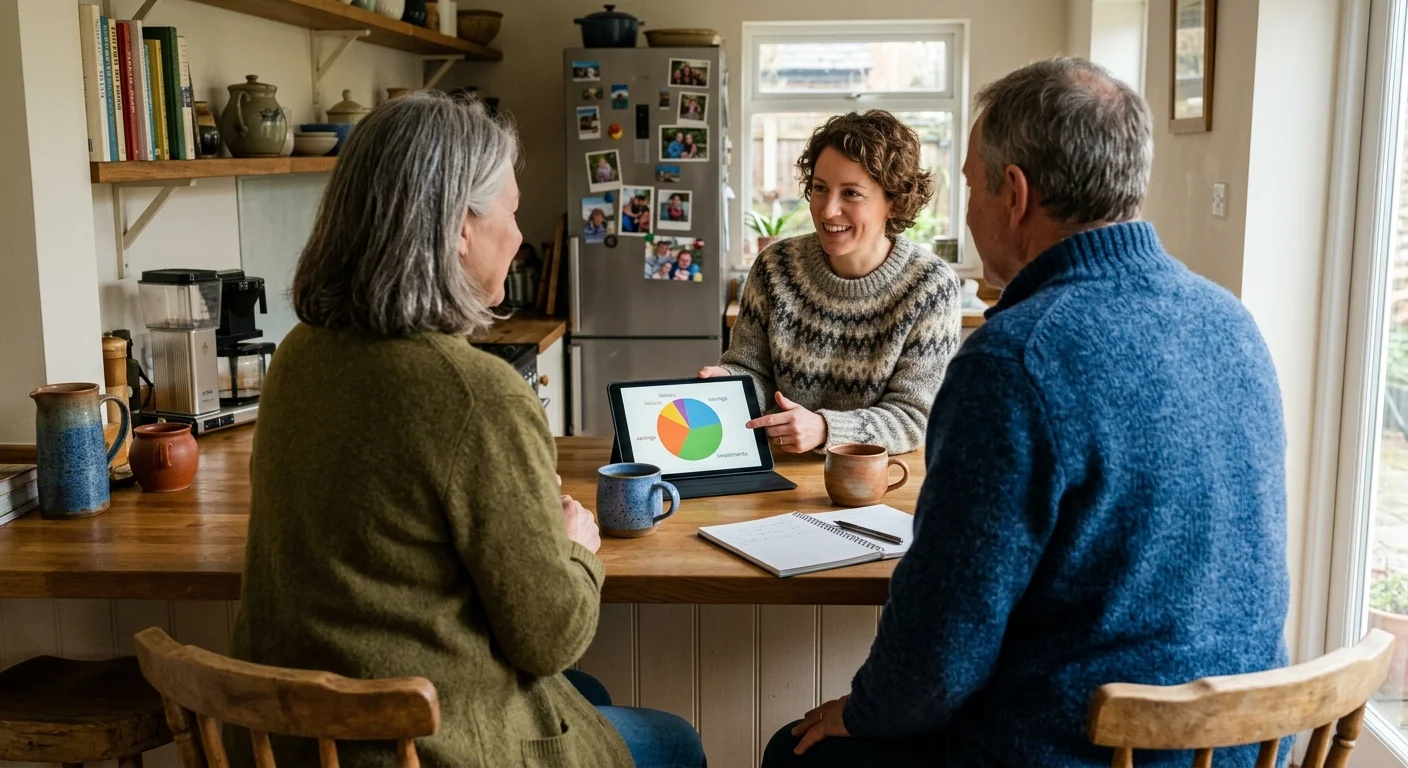 A couple chatting comfortably with a casually dressed advisor at their kitchen island with tea mugs.