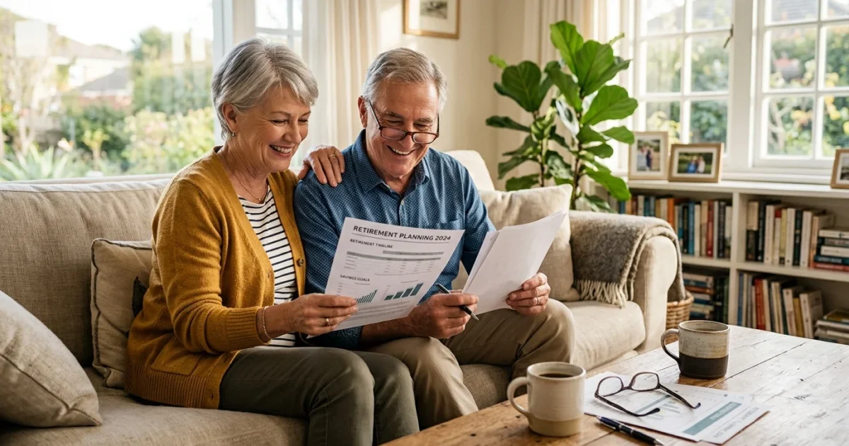 A couple in their early 60s reviews retirement documents together in a sunlit living room, smiling warmly.