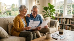 A couple in their early 60s reviews retirement documents together in a sunlit living room, smiling warmly.