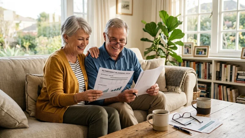 A couple in their early 60s reviews retirement documents together in a sunlit living room, smiling warmly.