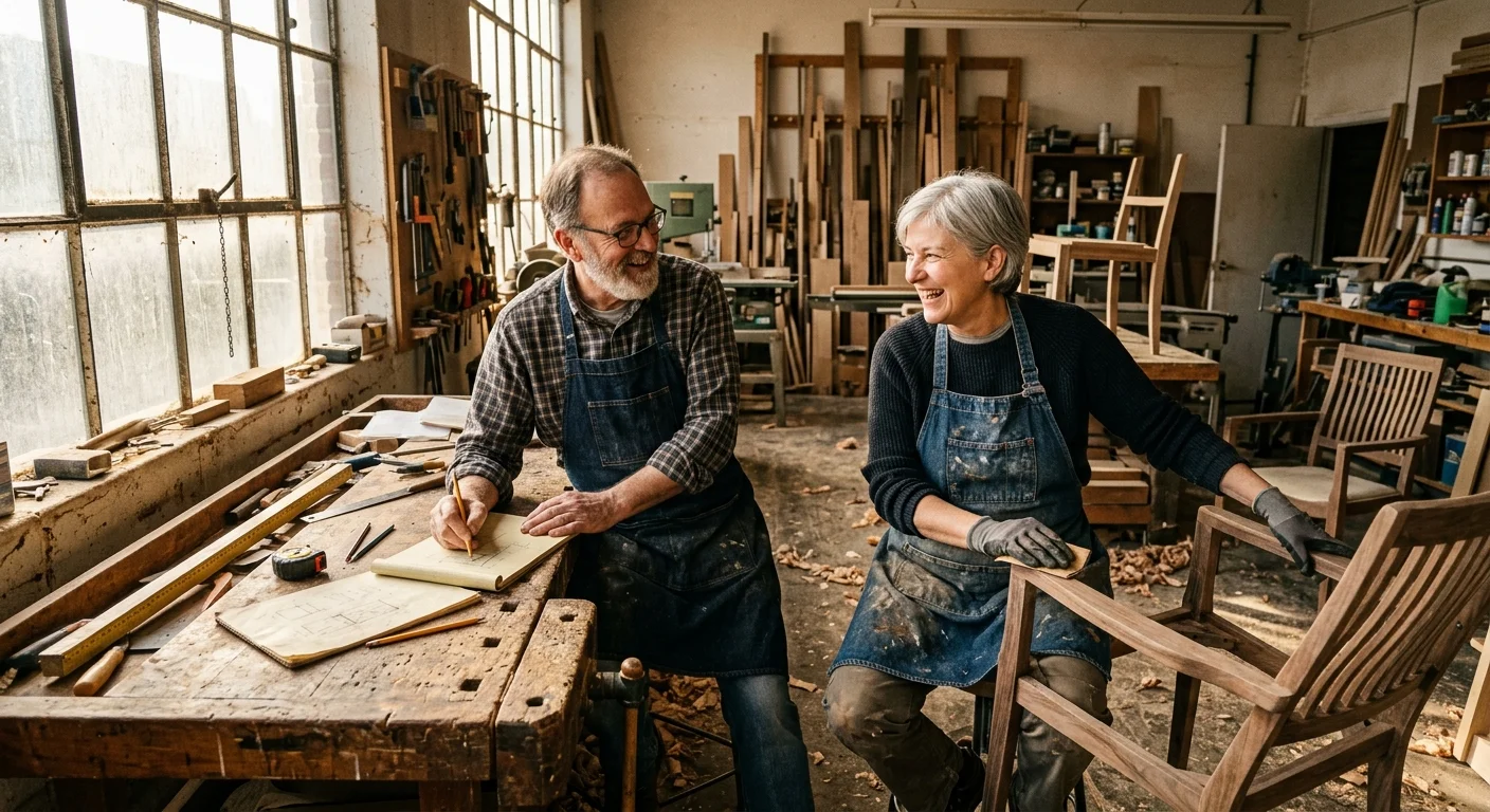 A couple in their early 60s working together happily in a sunlit woodworking shop with natural light.