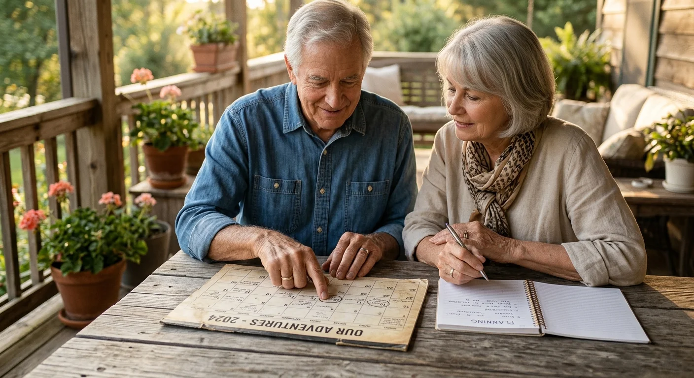A couple in their early 70s sitting together on a sunlit porch, planning their retirement timeline on a paper calendar.