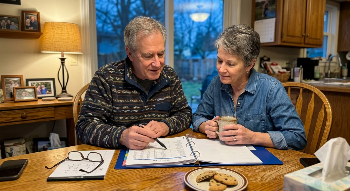 A couple sitting at their cozy kitchen table, reviewing financial planning documents and spreadsheets together.