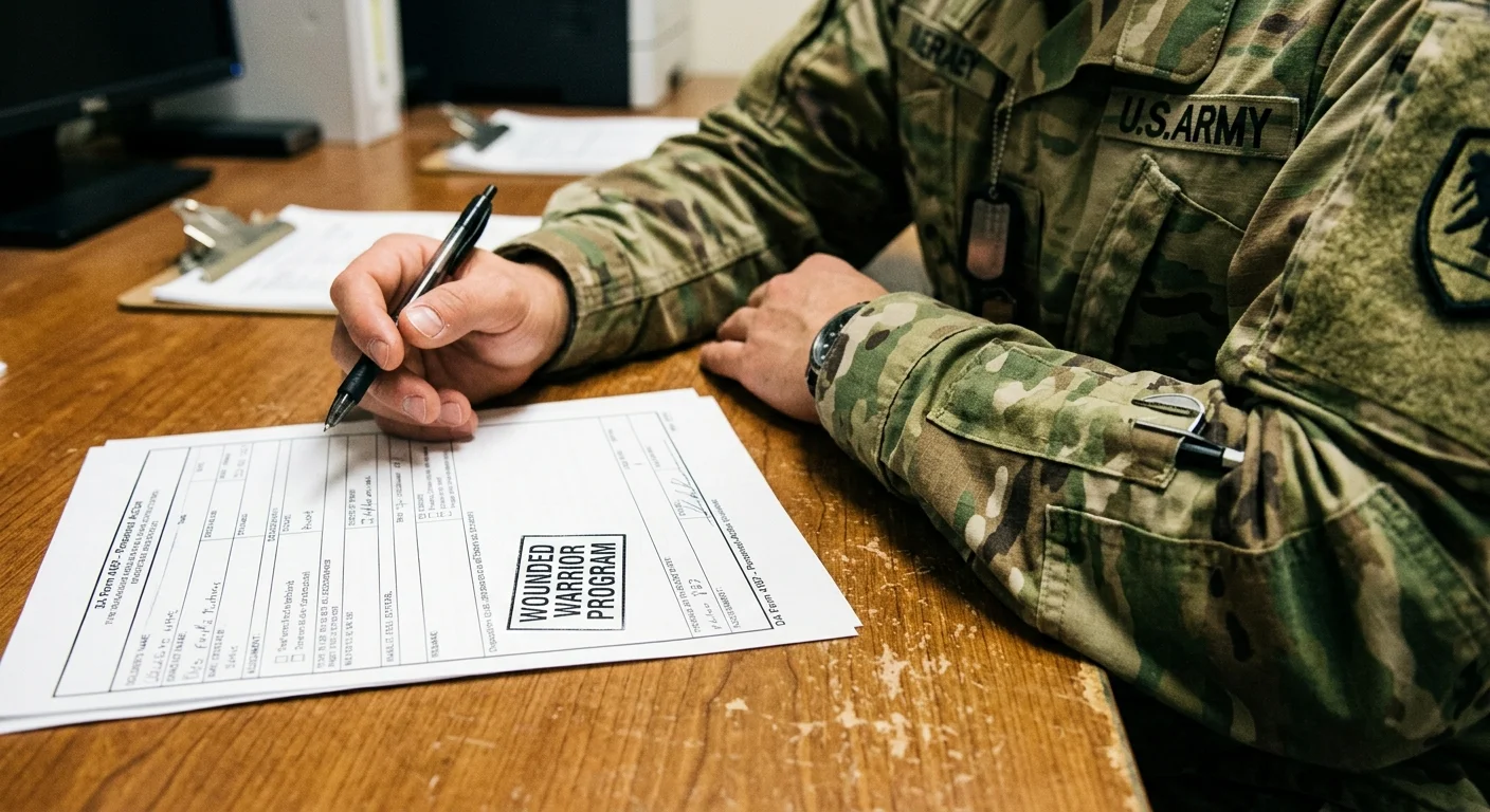 A detailed close-up of a military camouflage uniform sleeve beside medical transit papers stamped Wounded Warrior Program.