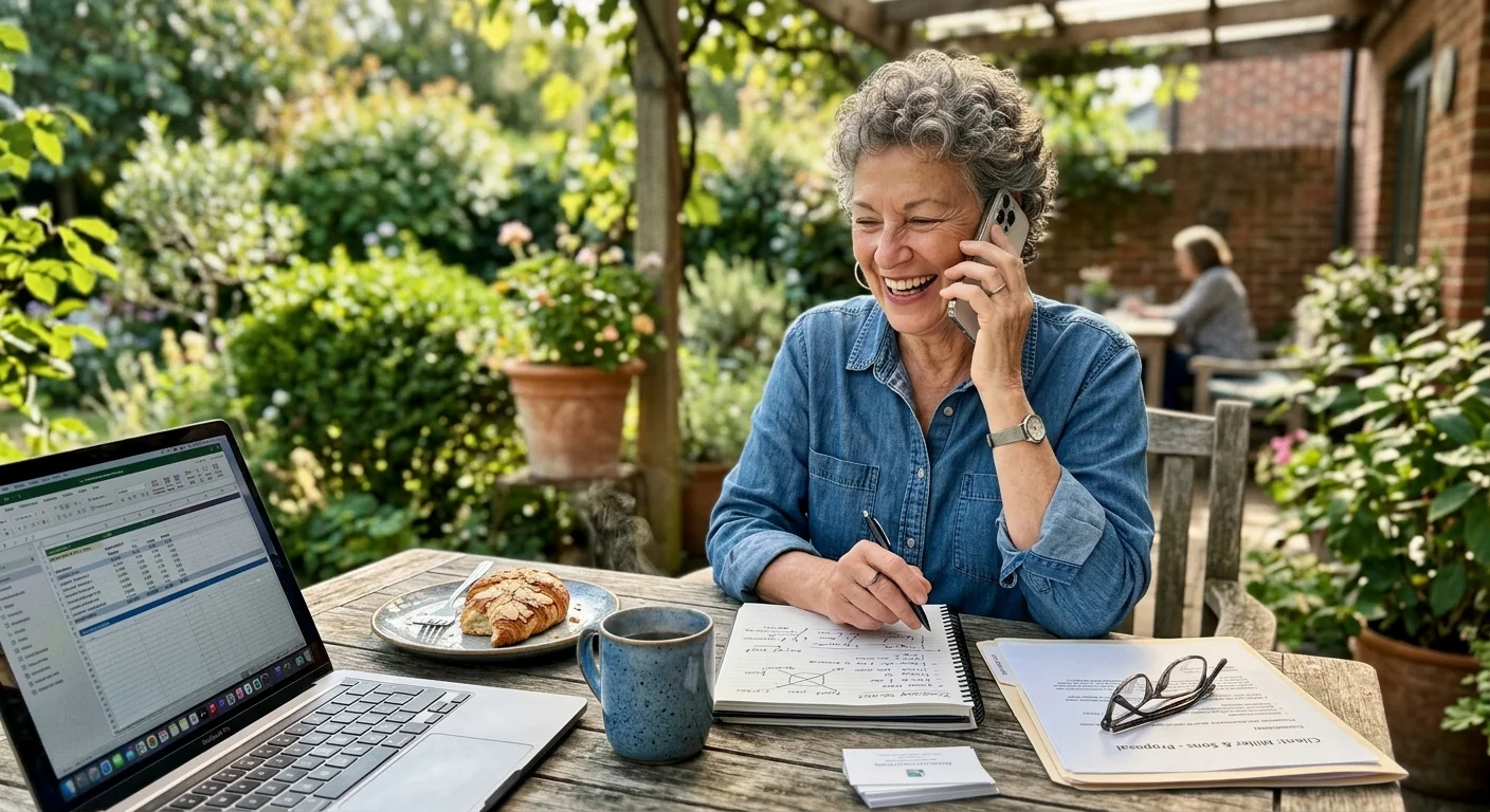 A documentary-style photo of an active retired woman consulting on her laptop and phone on a sunny garden patio.