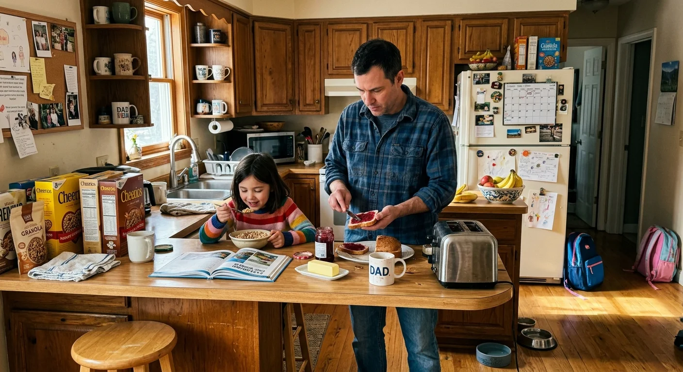 A father prepares breakfast in a sunlit kitchen while his young daughter eats cereal at the counter.