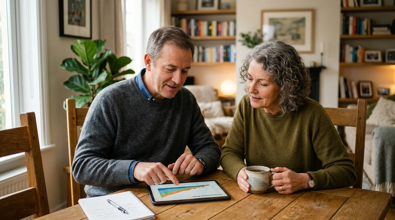 A financial advisor and a client collaborate over a tablet showing retirement projections in a comfortable home setting.