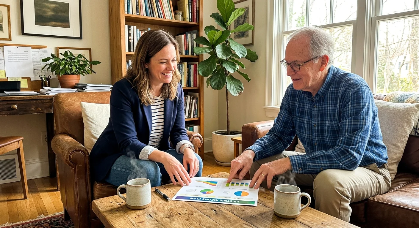 A financial advisor and a client discussing a retirement income plan in a warm, comfortable home office.