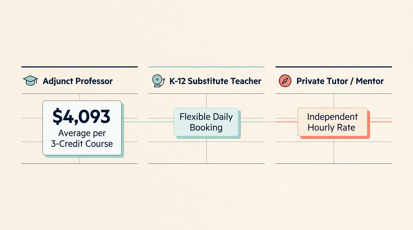A Financial Times style clean data comparison chart showing three part-time teaching roles and their average earning structures.