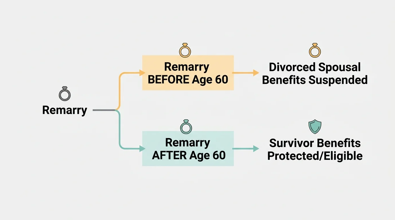 A flowchart diagram showing how remarrying before or after age 60 impacts your eligibility for divorced spousal benefits.