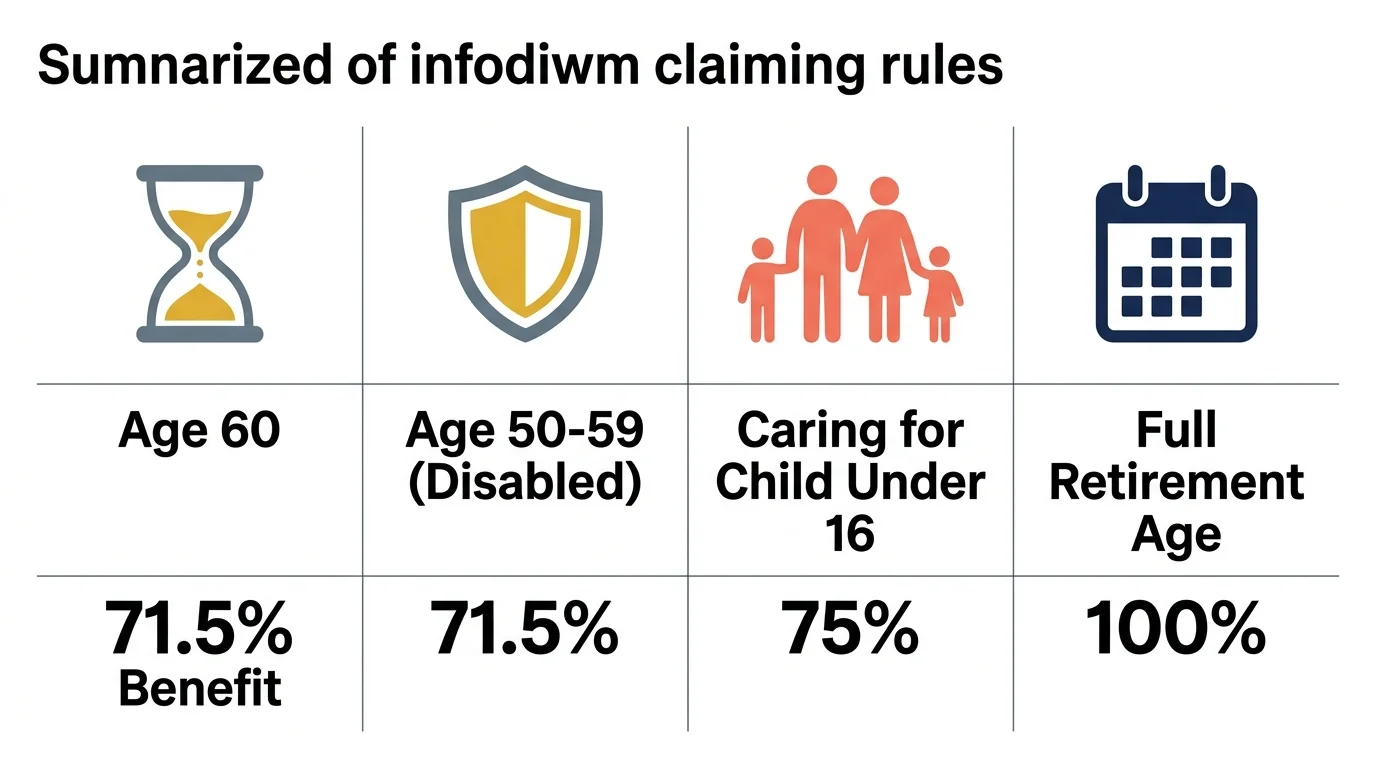 A four-column infographic showing eligibility rules: Age 60 (71.5%), Disabled Age 50-59 (71.5%), Child Under 16 (75%), and FRA (100%).