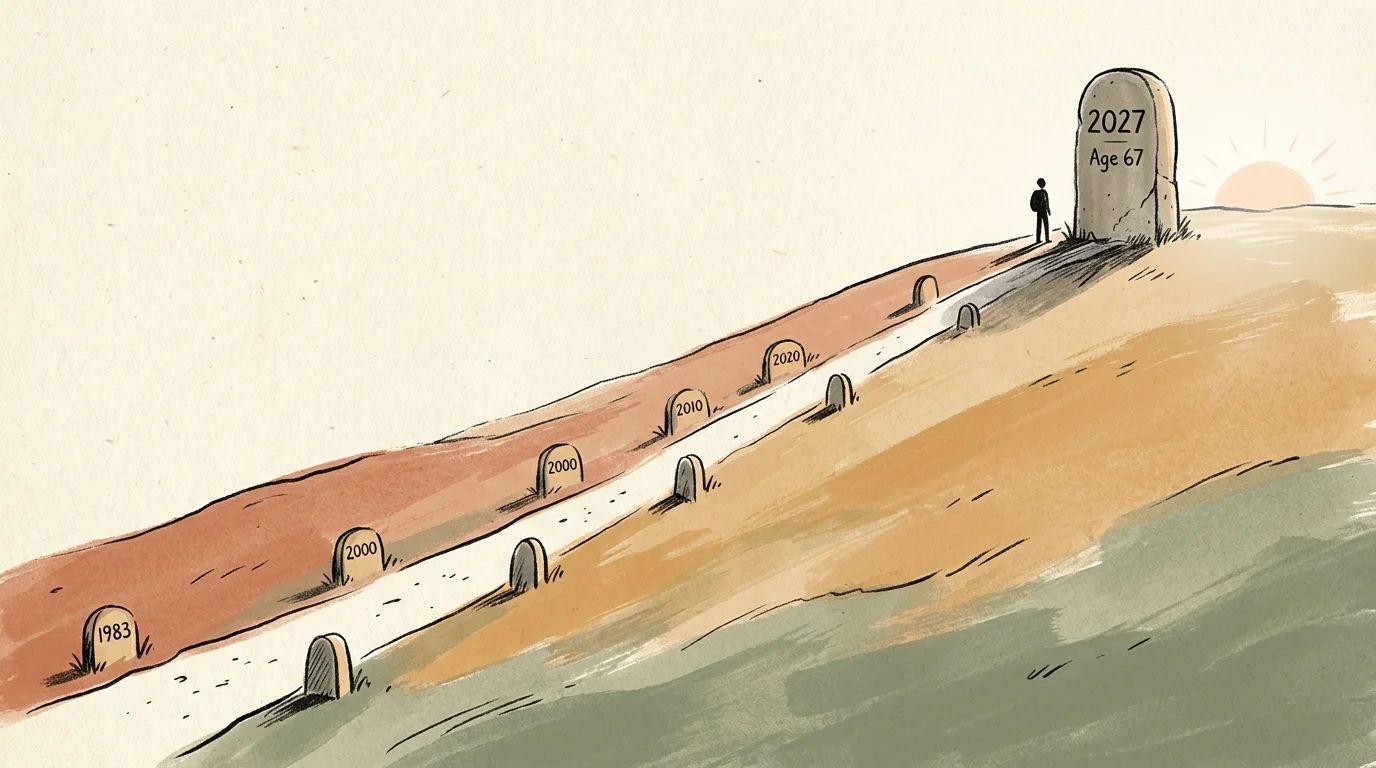 A gouache illustration of a pathway winding up a hill to a milestone marker labeled 2027 and Age 67.
