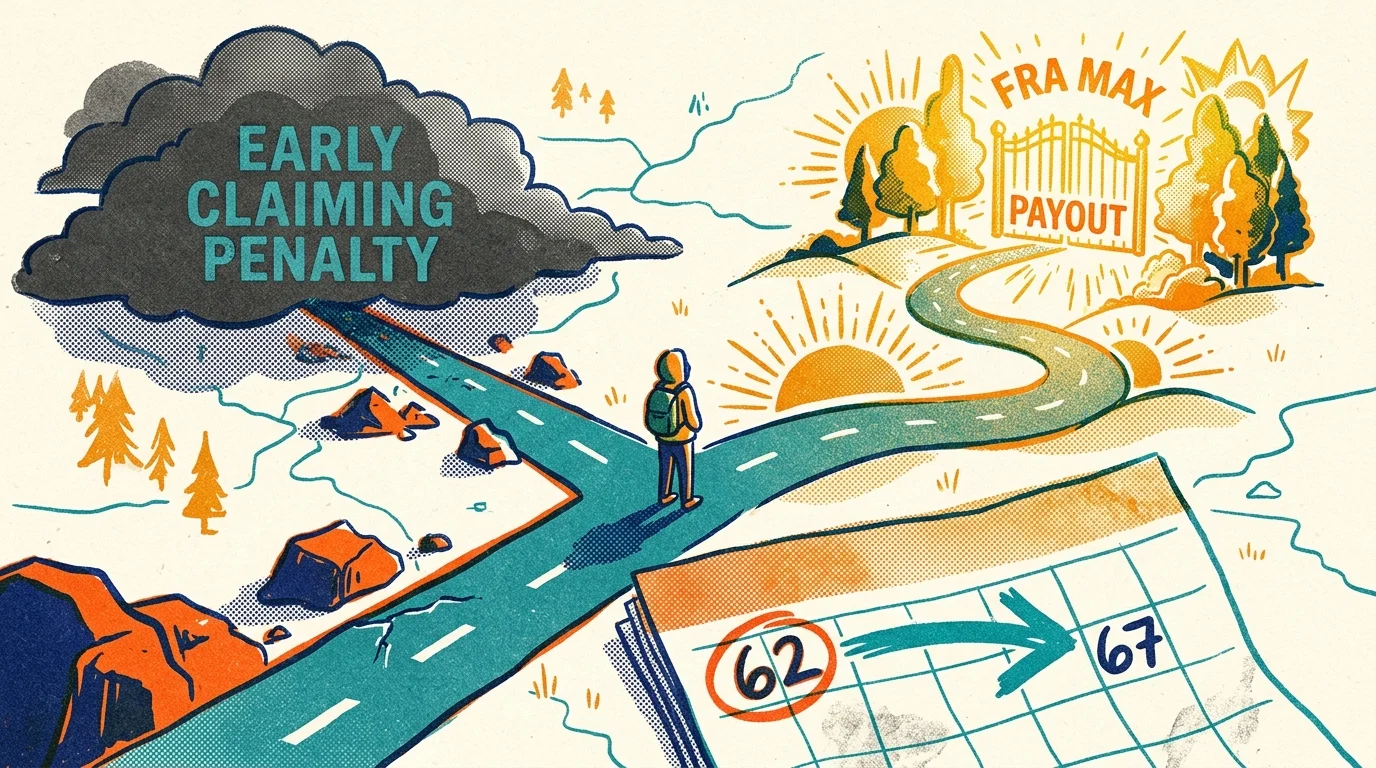 A graphic risograph illustration showing a crossroads between an early claiming penalty path and a maximum benefit path.