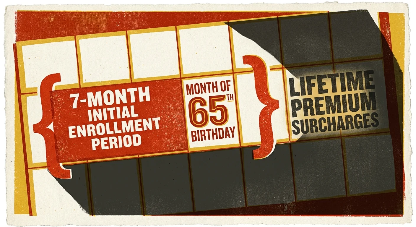 A graphic screenprint showing a calendar highlighting the 7-month Medicare enrollment window and the risk of lifetime surcharges.