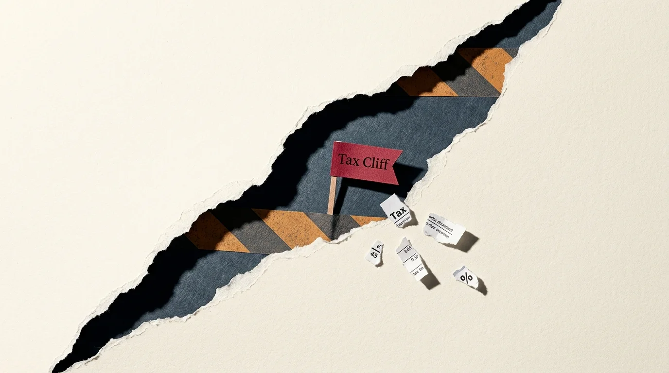 A high-contrast paper collage showing a jagged tear in cream paper, revealing a dark gray rift with a red flag labeled Tax Cliff.